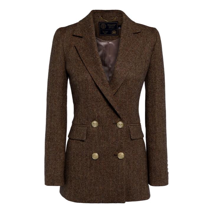 Holland Cooper Double Breasted Blazer in Brown Herringbone