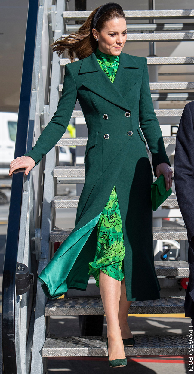 Kate Middleton wearing a green Alessandra Rich dress and Catherine Walker coat on the 2020 Ireland tour.