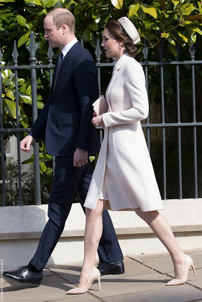 Side view of Kate in a cream Catherine Walker coat and Lock & Co. pillbox hat attending Easter service at Windsor Castle, 2017.