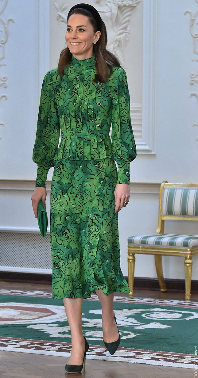 Kate Middleton wearing a green Alessandra Rich dress on the 2020 Ireland tour.