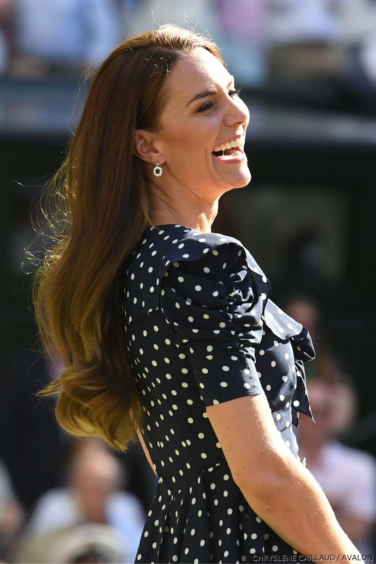 A close-up of Kate Middleton in the navy polka dot Alessandra Rich dress at Wimbledon 2022