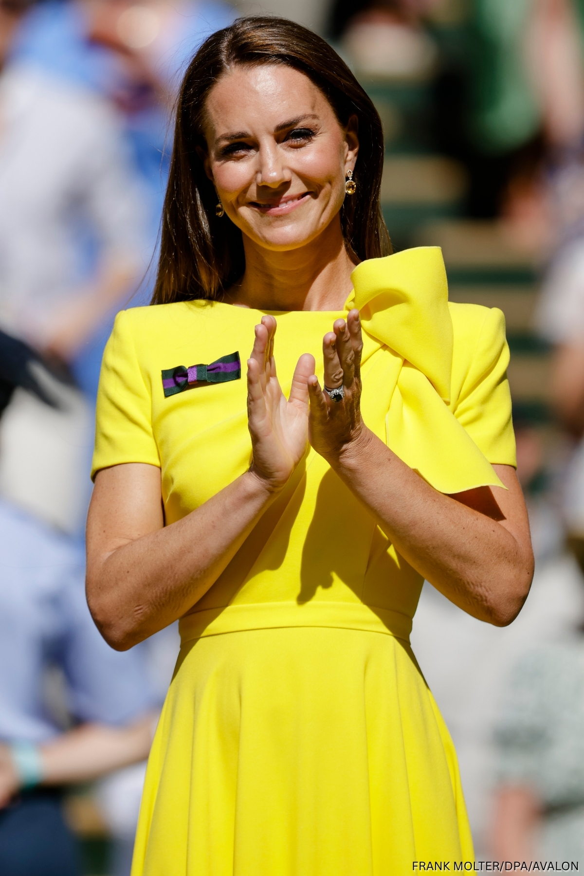 A close-up of Kate Middleton in the yellow Roksanda 'Brigitte' dress at Wimbledon 2022