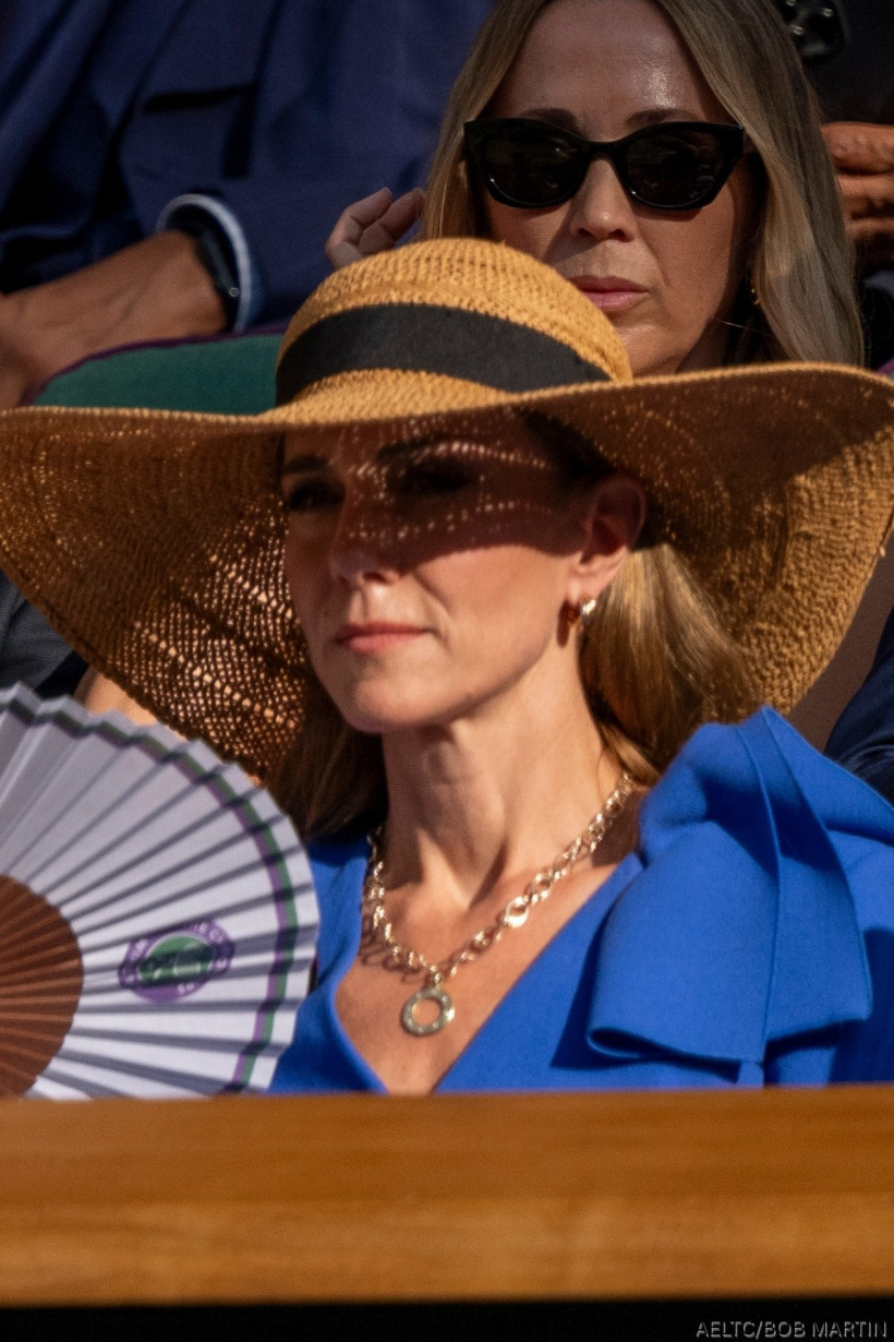 Kate Middleton in her blue Roksanda dress and wide-brimmed L.K. Bennett 'Saffron' straw hat at Wimbledon 2025