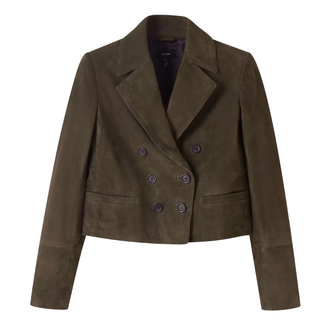 ME+EM Suede Cropped Military Jacket in Olive Green
