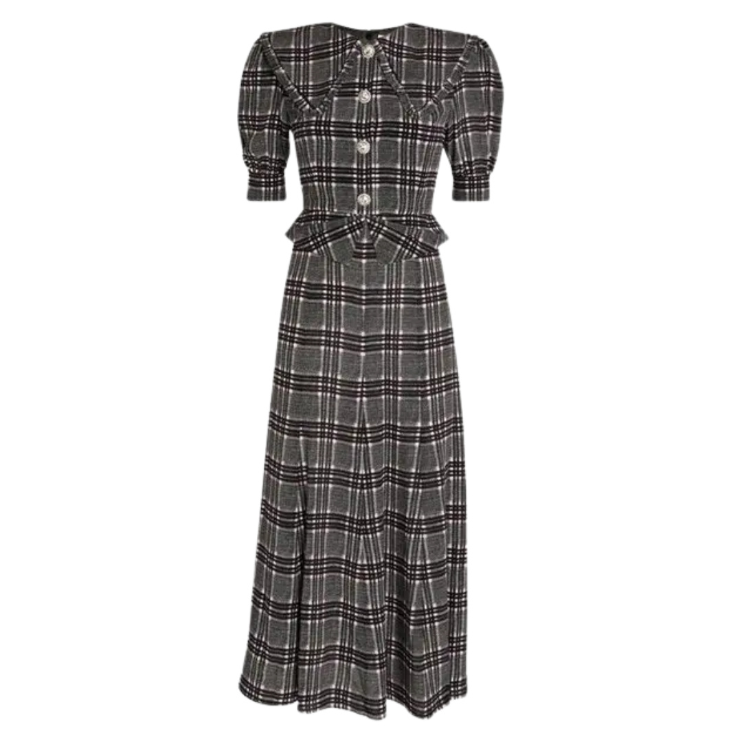 Alessandra Rich Wide Collar Dress, Grey & Pink Plaid