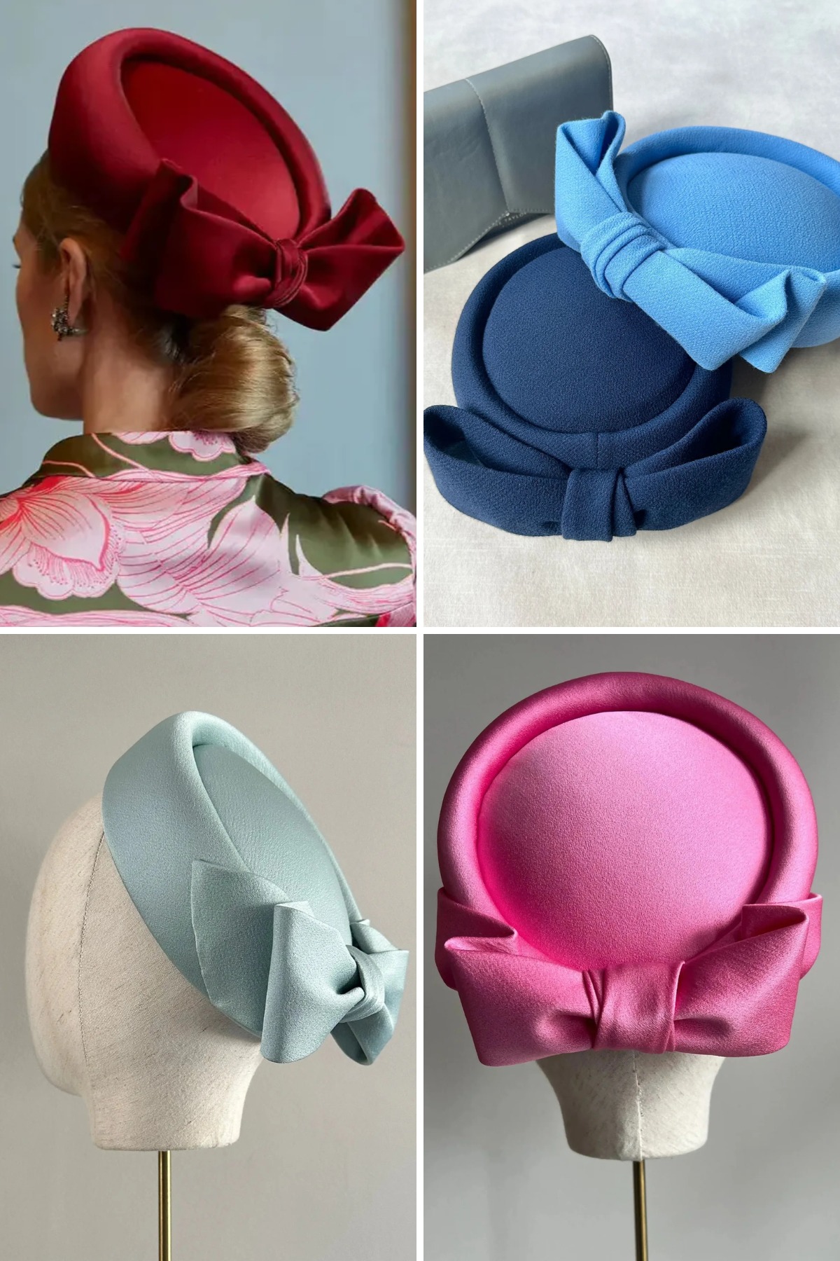 Jane Taylor Pillbox bow hats in different colours