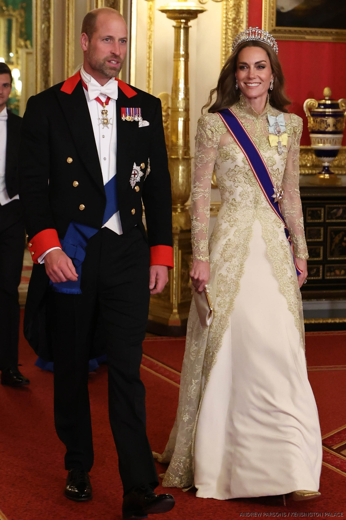 Kate Middleton Dazzles in Golden Floral Gown and Sparkling Tiara at US State Banquet