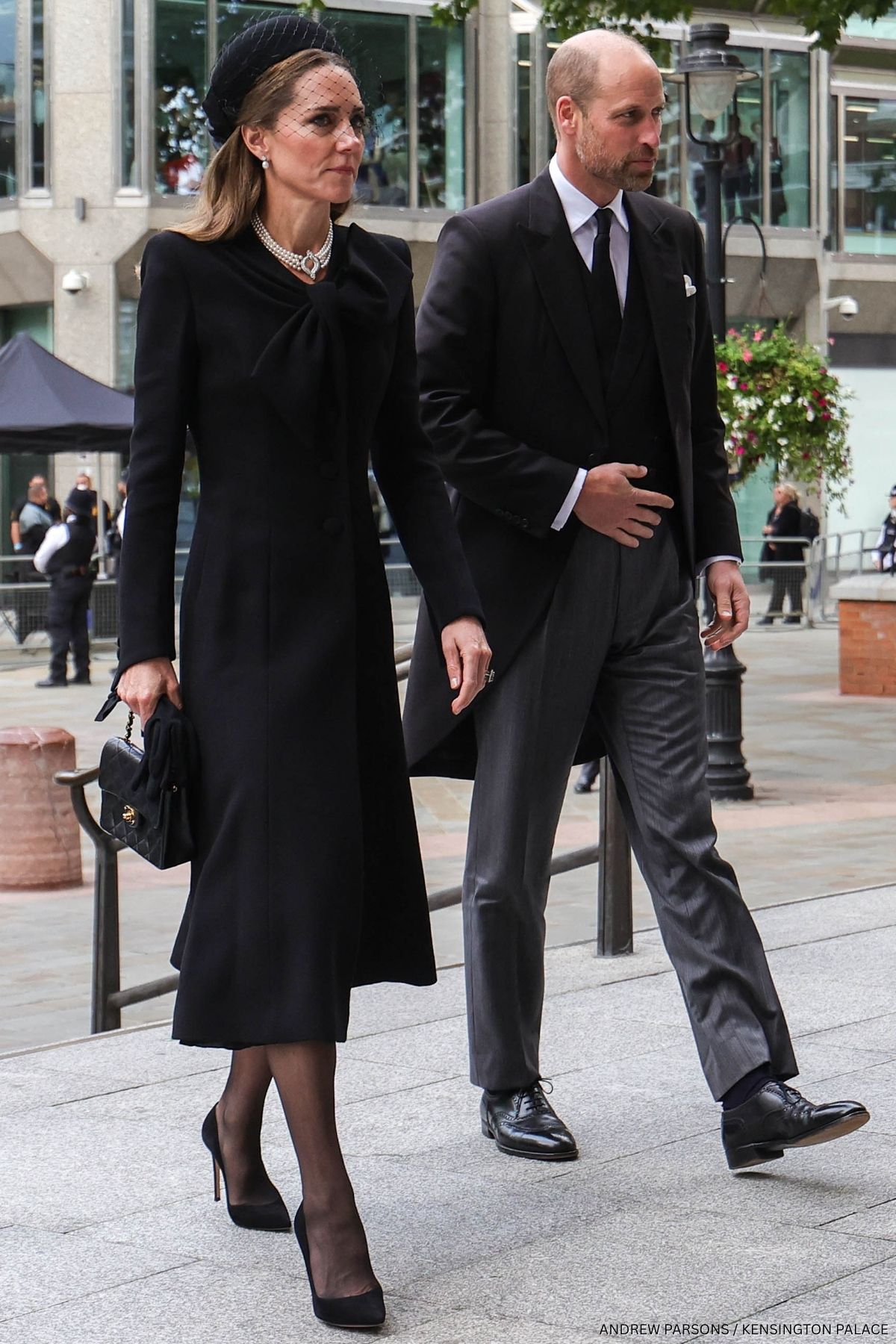 The Prince and Princess of Wales walking into the Requiem Mass Funeral for the Duchess of Kent today