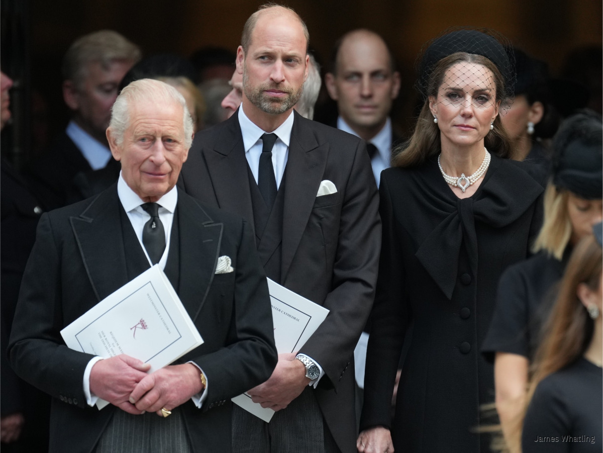 King Charles, the Prince of Wales and the Princess of Wales walking together following the funeral today