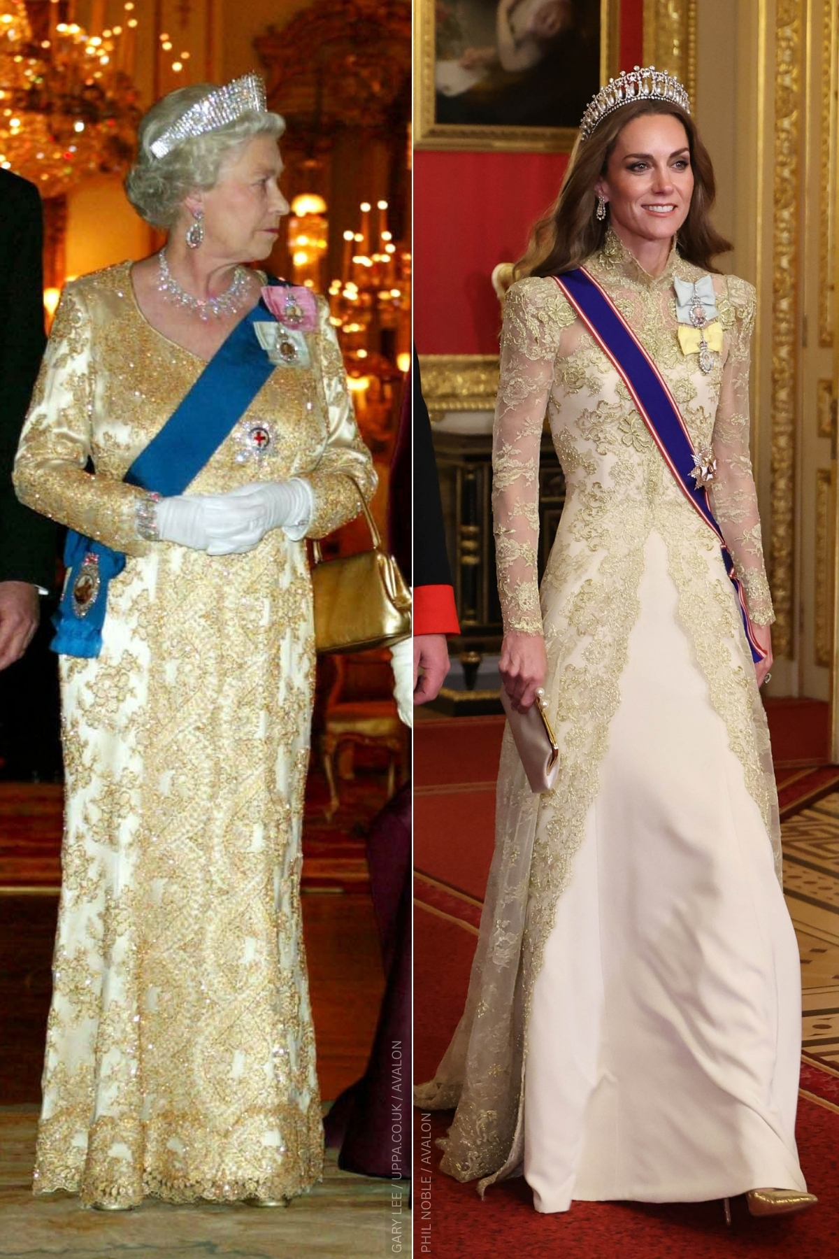 Royal watchers spotted the striking resemblance between Kate’s banquet gown and the Queen’s from 2003.