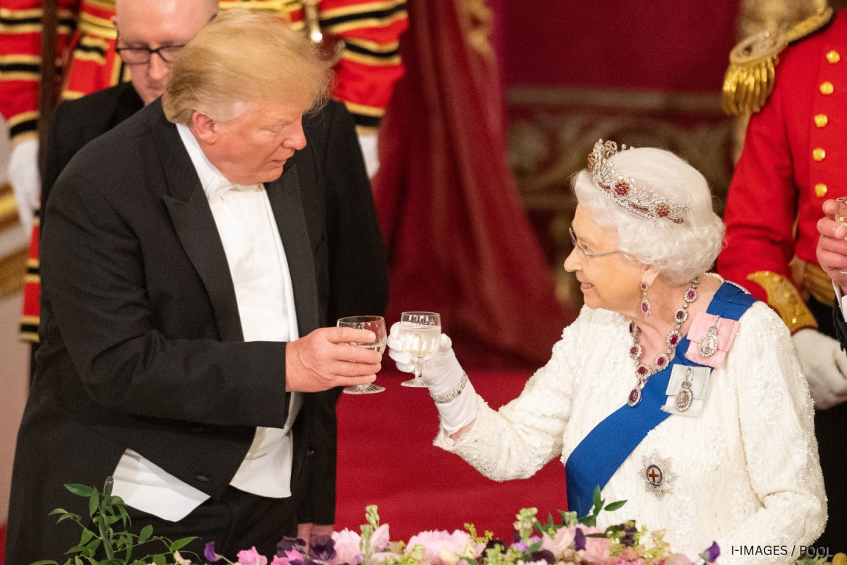 Queen Elizabeth II and President Trump at a State Banquet at Buckingham Palace, London on the first day of the President's State Visit to the UK in 2019.