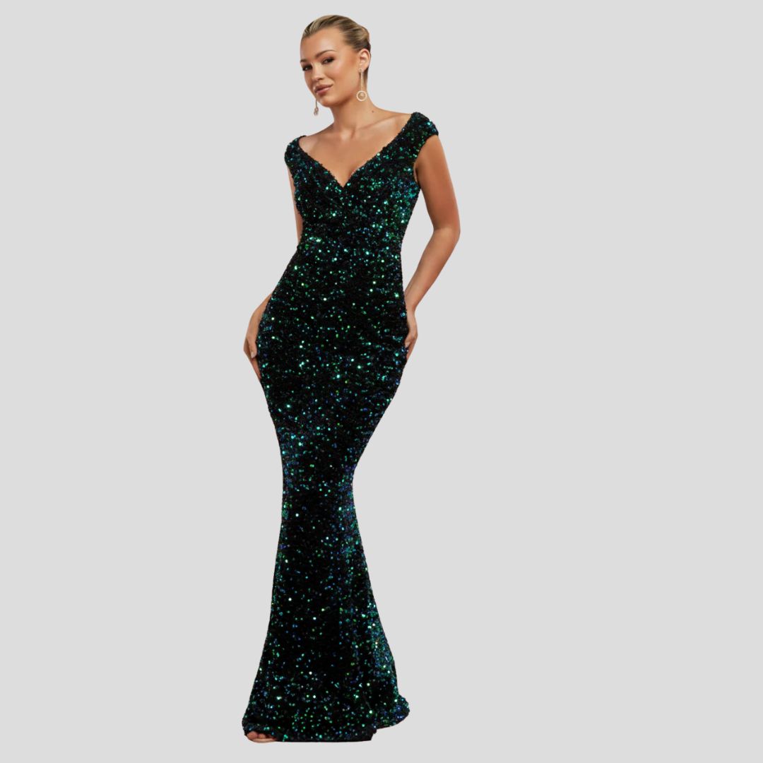 Goddiva Sequin & Velvet Maxi Bardot