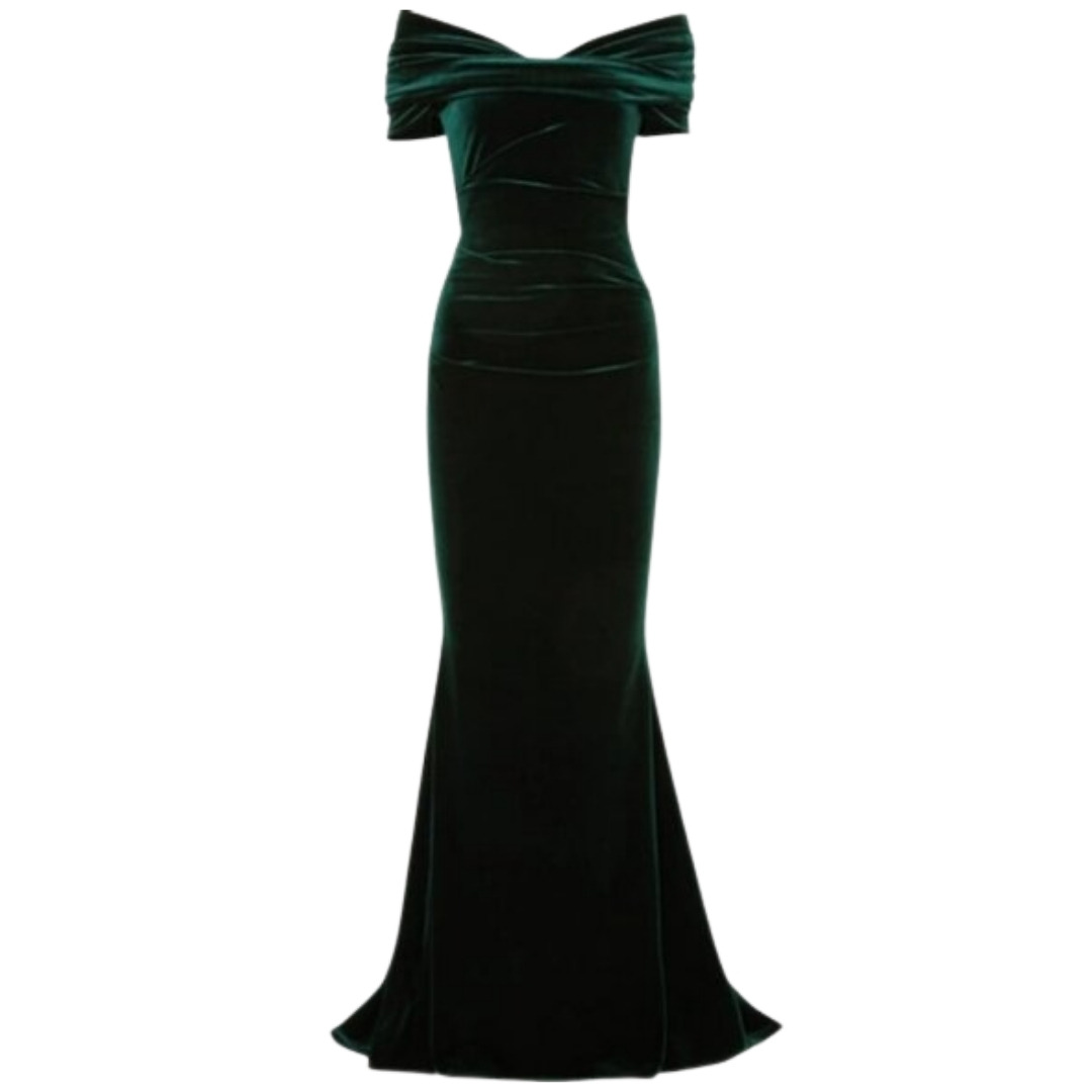 Talbot Runhof Off-The-Shoulder Velvet Gown in Dark Green