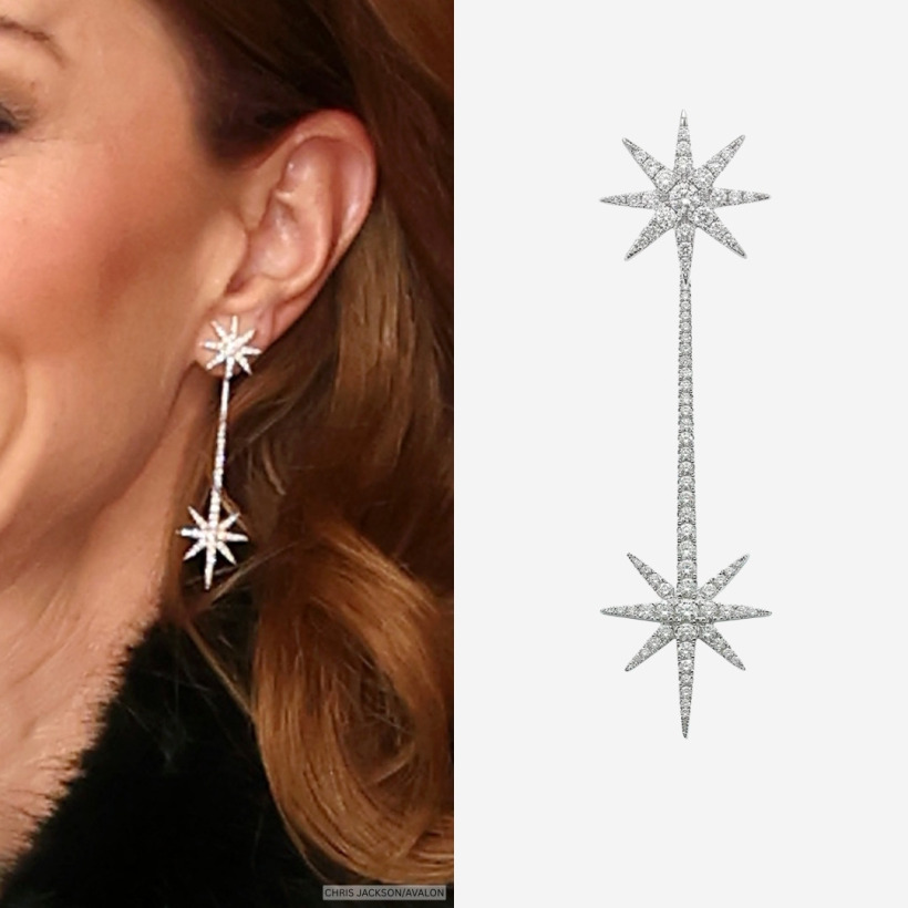 A side-by-side image showing the Princess of Wales wearing a pair of star diamond drop earrings, alongside a product image of the same earrings by Robinson Pelham