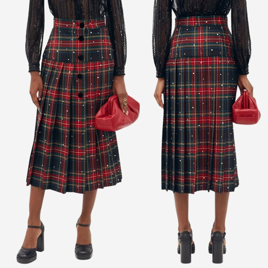 Model wearing the red plaid skirt by Miu Miu