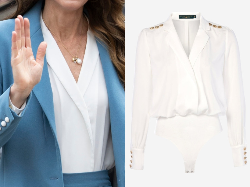 Kate Middleton wearing the Holland Cooper Cupro Shirt Bodysuit in White underneath her cornflower blue Edeline Lee suit jacket