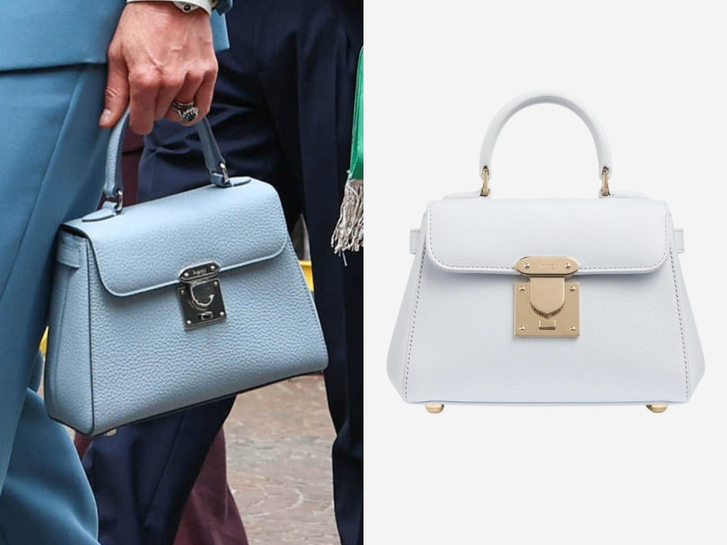 Kate Middleton carrying the Asprey London 167 Micro Mini Handbag in pastel sky blue next to a stock image of the same bag in pale blue