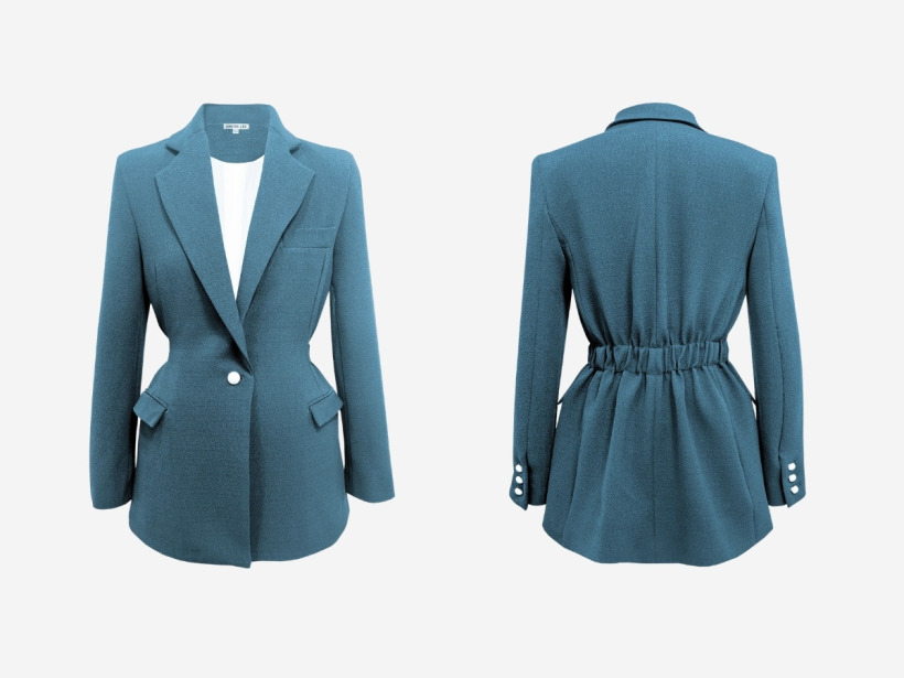 The Edeline Lee Lola jacket's fitted silhouette with sculptural ruched detailing at the waist and back