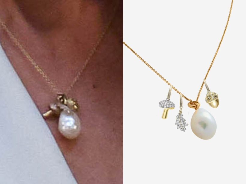 Kate Middleton's Monica Vinader Nura pearl necklace layered with three Asprey London Woodland charms