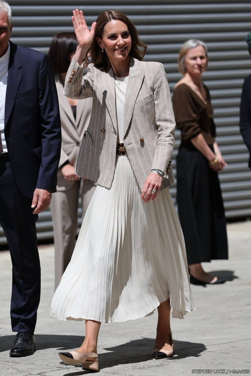 Kate Middleton wearing a brown blazer and skirt during a visit to Reggio Emilia, Italy in May 2026