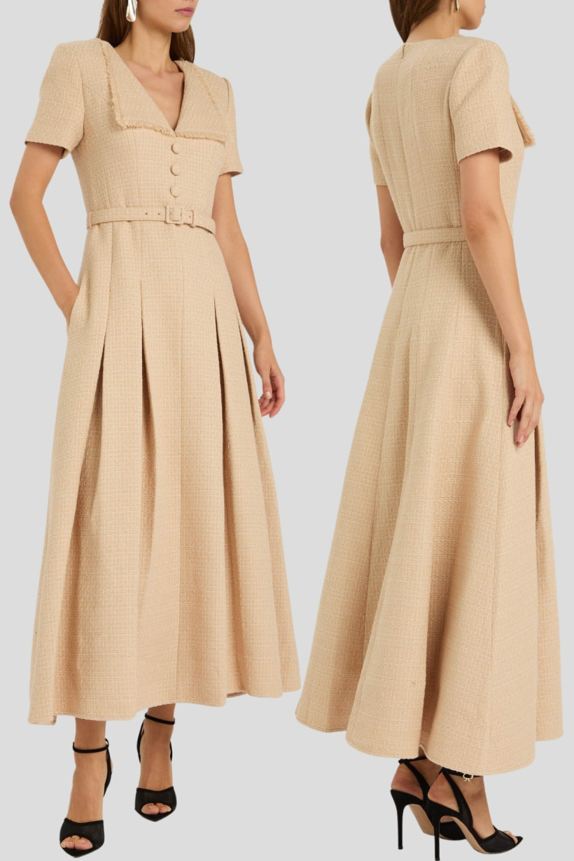 Front and back views of the Roland Mouret Belted Bouclé Maxi Dress in cream