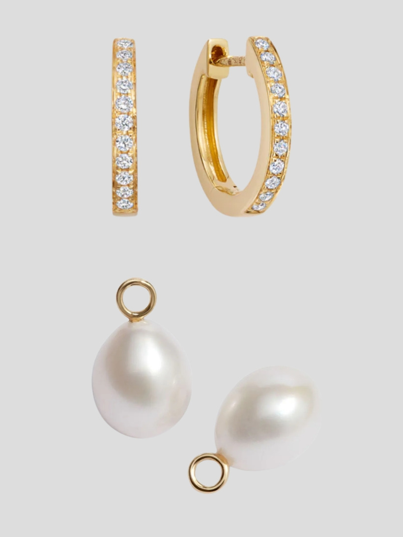 The Annoushka baroque pearl drops suspended from Kiki McDonough diamond and gold hoops