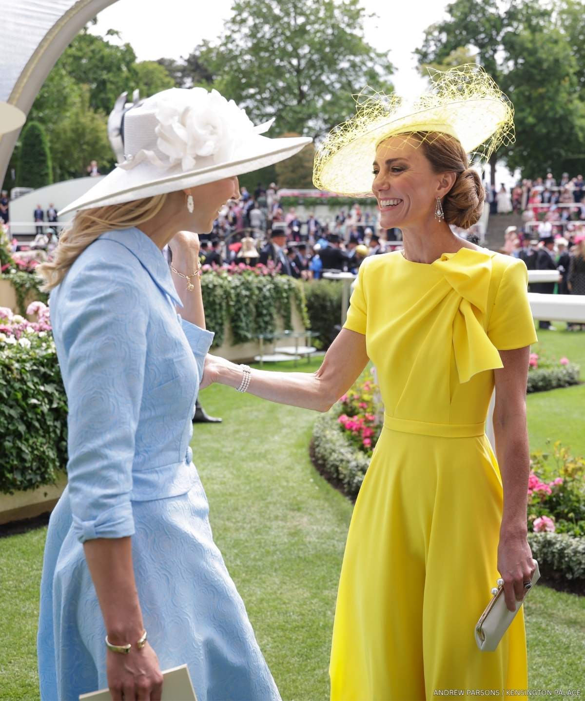 The Princess of Wales talking with Lady Gabriella Kingston on the lawn at Royal Ascot