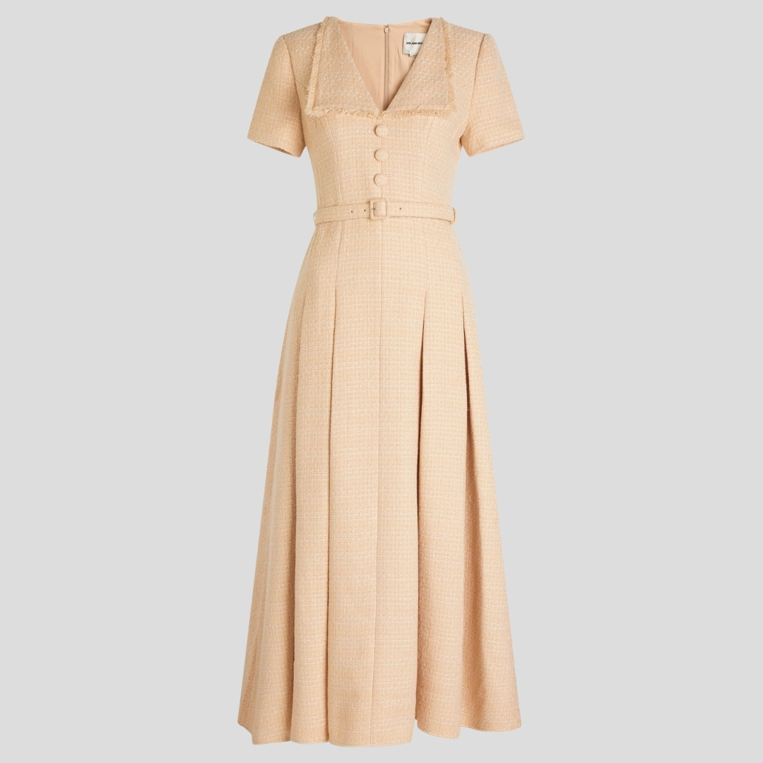 Roland Mouret Folded Collar Belted Boucle Dress in Dark Cream