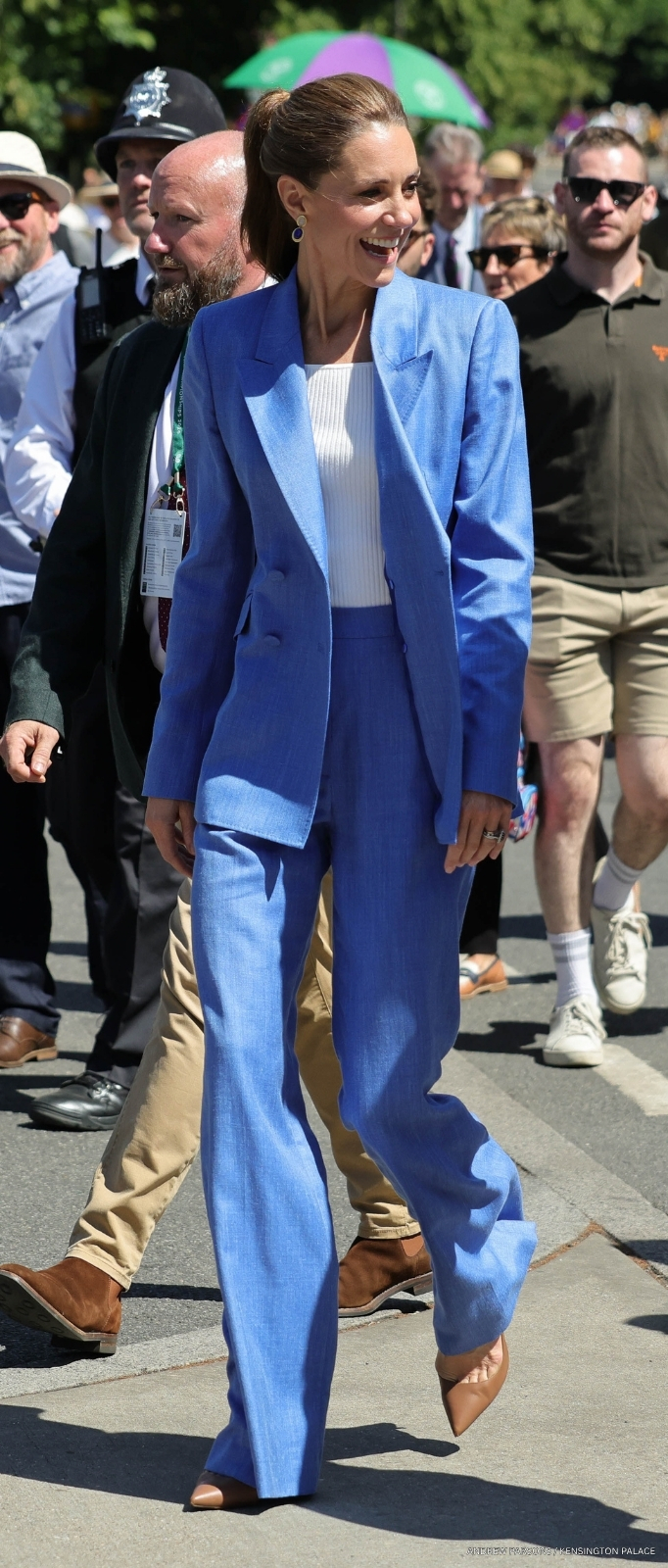 Kate Middleton wearing a blue Gabriela Hearst suit at Wimbledon in 2026