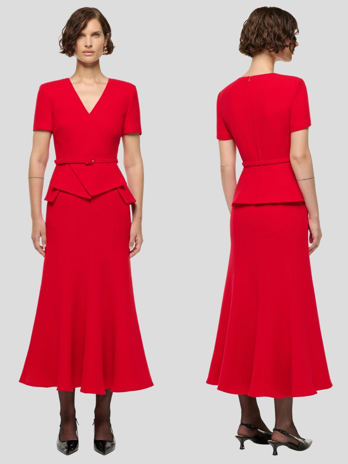 The red Roland Mouret peplum dress showing the slim belt and origami-style folded peplum at the hip