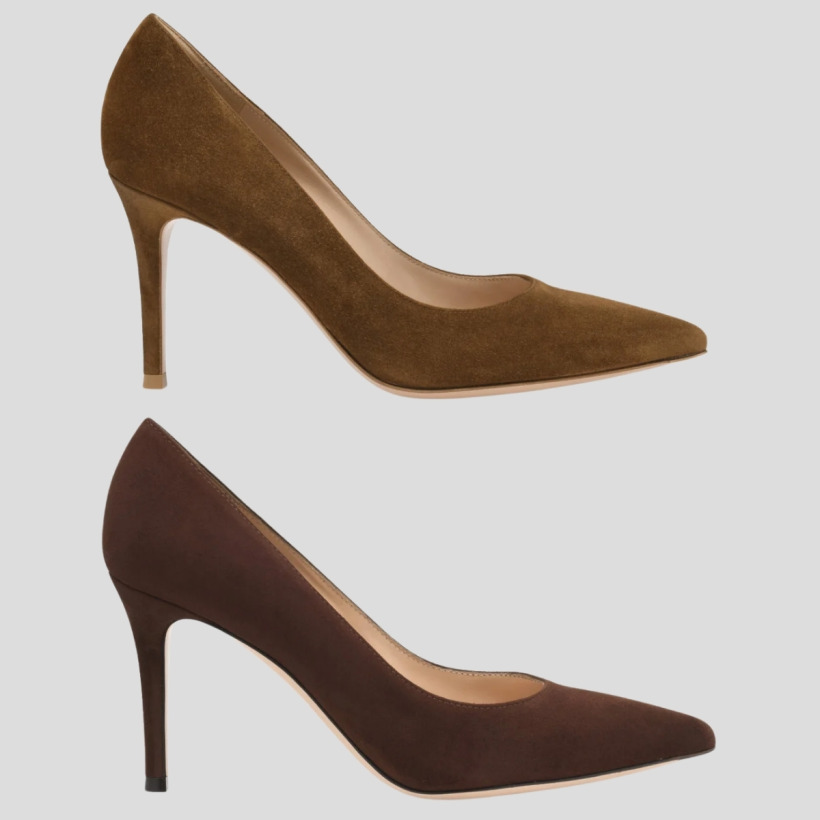 Gianvito Rossi 85 pumps shown in a both the lighter and darker brown suede colourways.