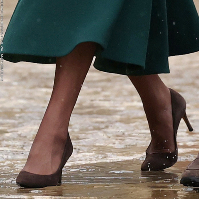 Close-up of Kate Middleton's chocolate-brown suede pumps
