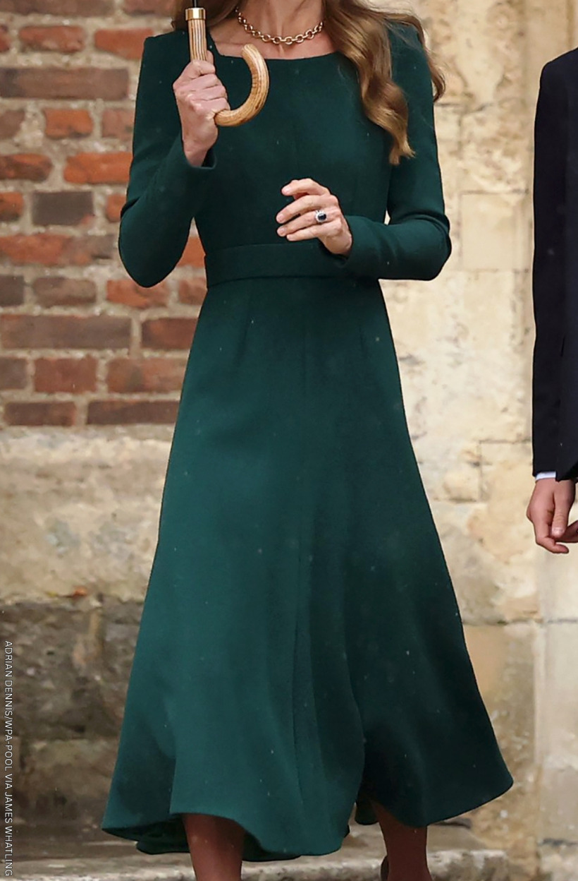 Close-up of Kate Middleton's green Emilia Wickstead dress with a fitted bodice and A-line skirt