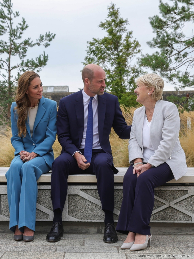 Kate Middleton and Prince William at the Gary Speed Memorial Talking Bench outside Everton's stadium with Carol Speed
