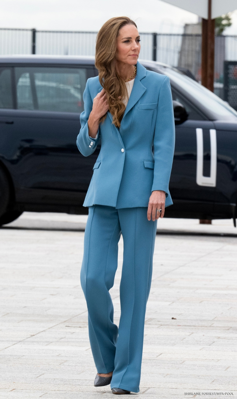 Kate Middleton wearing a cornflower blue Edeline Lee suit during a visit to Everton Football Club for World Suicide Prevention Day engagements in Liverpool