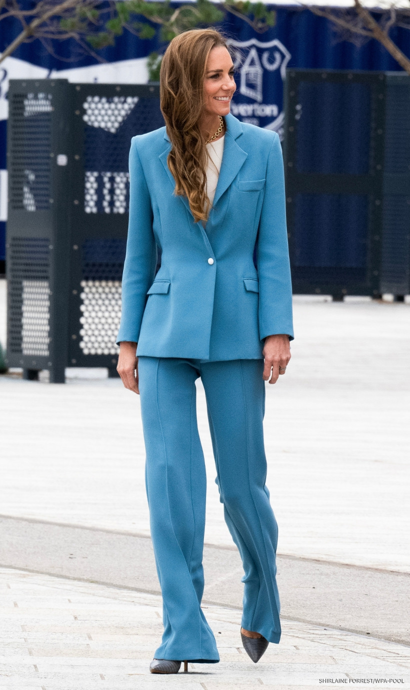 Kate Middleton wearing her cornflower blue Edeline Lee Lola jacket and Averill trousers suit