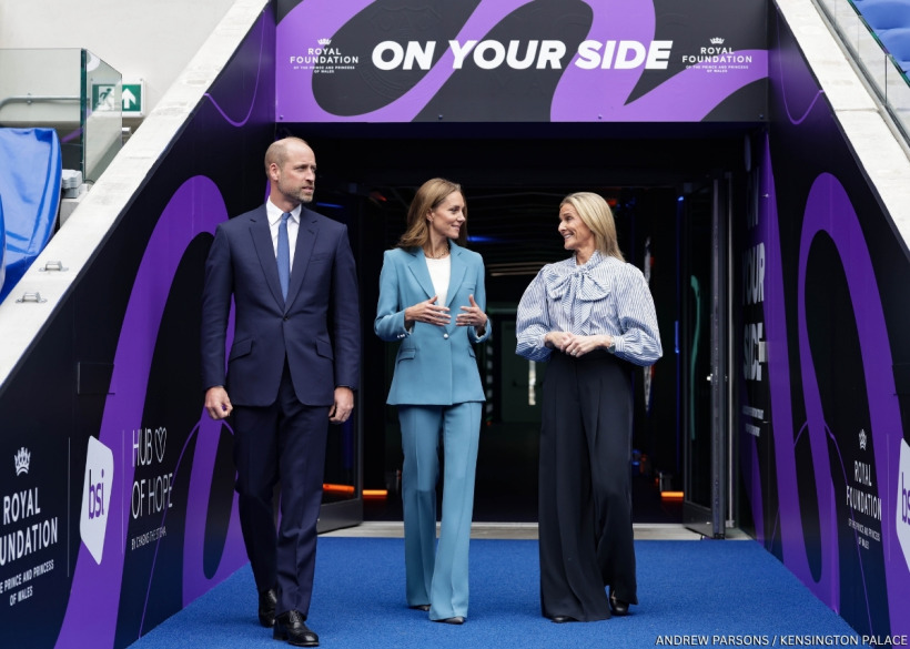 Prince William and Kate Middleton with Gaby Logan at Everton's Hill Dickinson Stadium discussing suicide prevention in sport