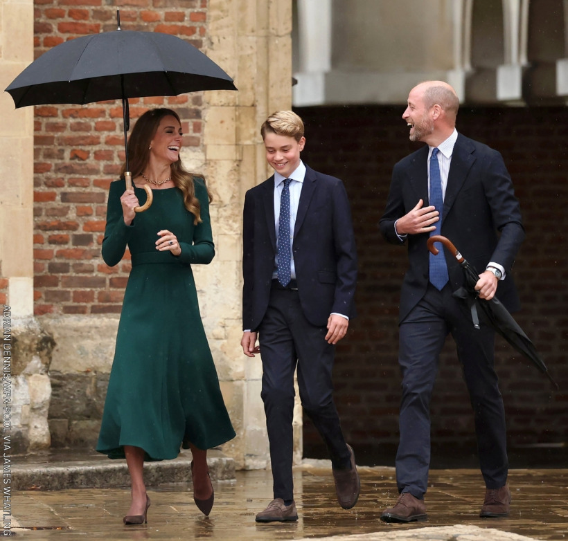 Kate Middleton in a green Emilia Wickstead dress with Prince William and Prince George at Eton College